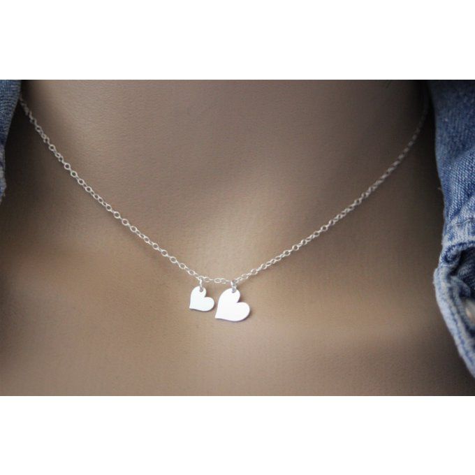 Collier ras du cou en argent massif 2 coeurs 