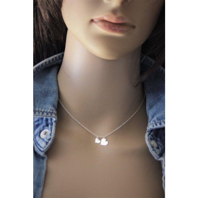 Collier ras du cou en argent massif 2 coeurs 