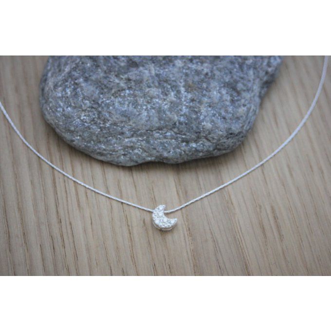 Collier argent massif pendentif lune argent serti de zirconium