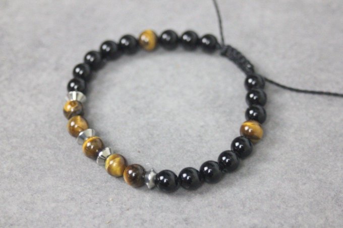 Bracelet perles onyx, oeil de tigre et acier inoxydable