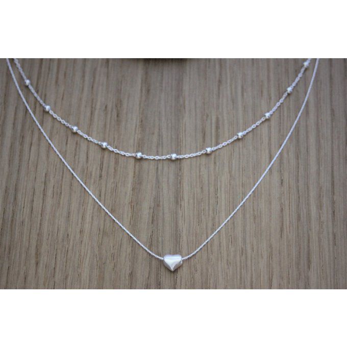 Collier argent massif double chaine et perle coeur