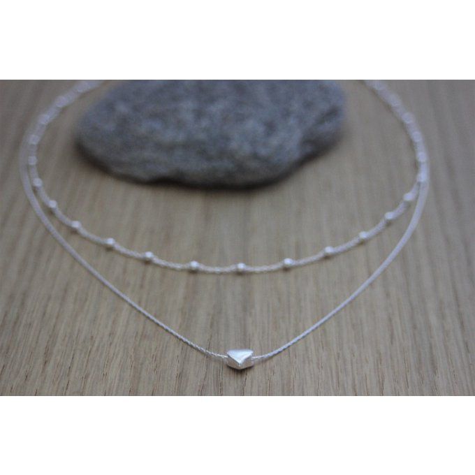 Collier argent massif double chaine et perle coeur