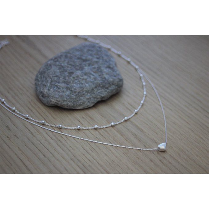 Collier argent massif double chaine et perle coeur