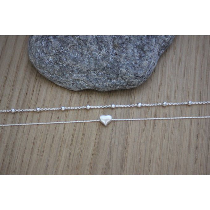 Collier argent massif double chaine et perle coeur