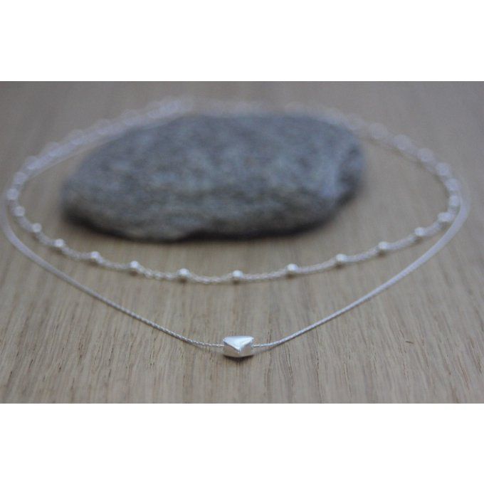 Collier argent massif double chaine et perle coeur