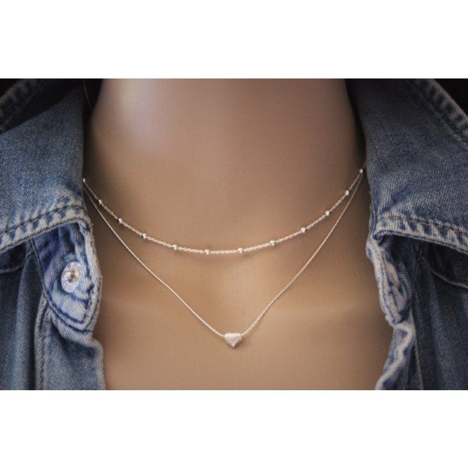 Collier argent massif double chaine et perle coeur