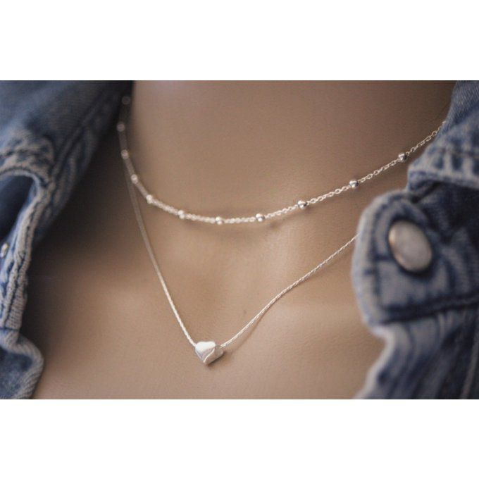 Collier argent massif double chaine et perle coeur