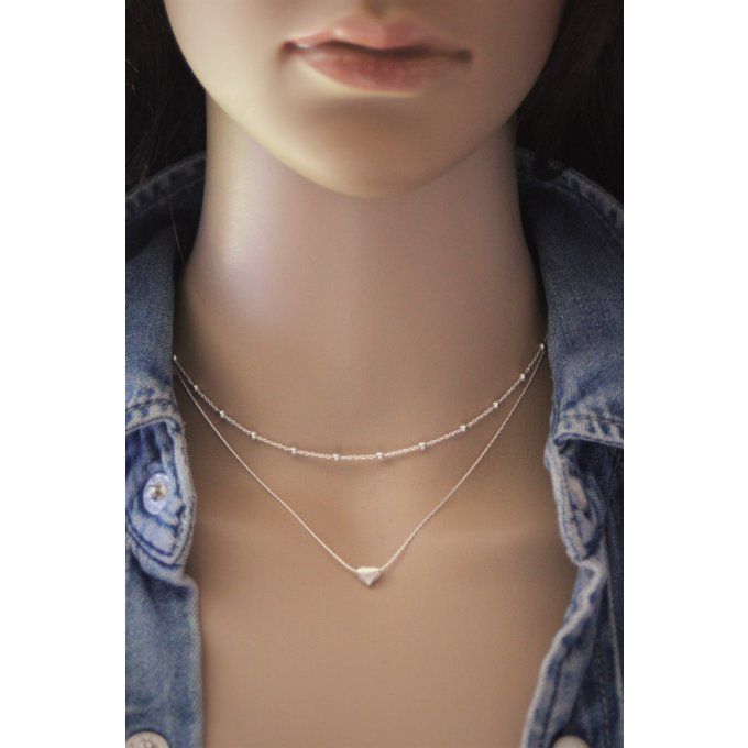 Collier argent massif double chaine et perle coeur