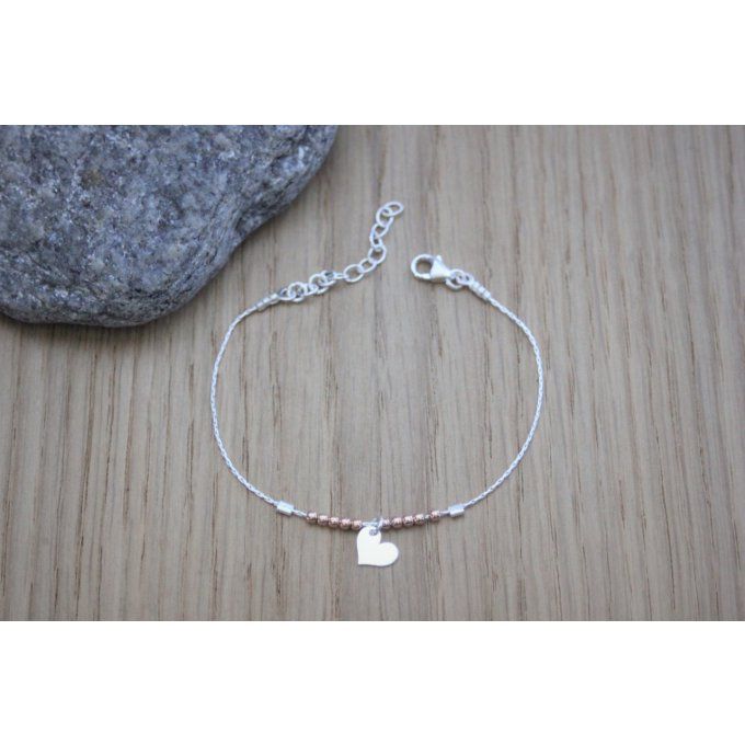 Bracelet argent massif perles or rose et coeur