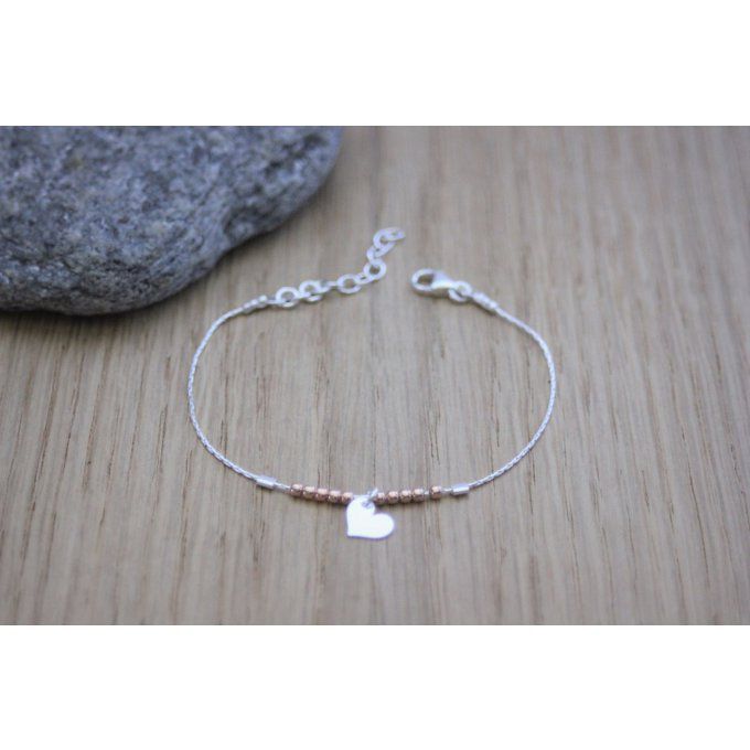 Bracelet argent massif perles or rose et coeur