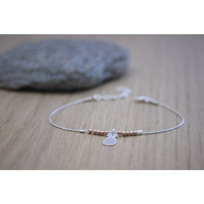 Bracelet argent massif perles or rose et ananas