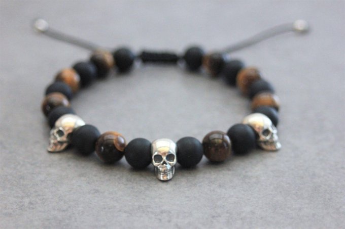 Bracelet perles onyx mat, oeil de tigre et 3 têtes de mort argent 925