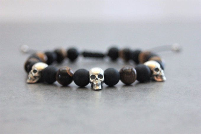 Bracelet perles onyx mat, oeil de tigre et 3 têtes de mort argent 925