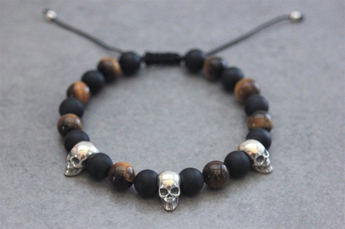 Bracelet perles onyx mat, oeil de tigre et 3 têtes de mort argent 925