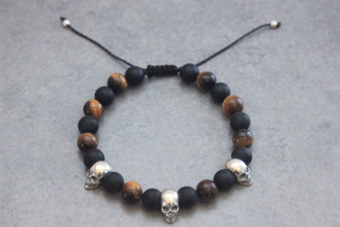 Bracelet perles onyx mat, oeil de tigre et 3 têtes de mort argent 925
