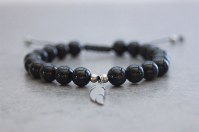 Bracelet perles onyx et plume acier inoxydable