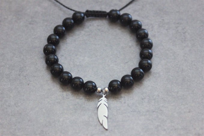 Bracelet perles onyx et plume acier inoxydable