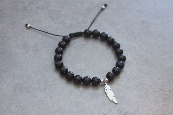 Bracelet perles onyx et plume acier inoxydable