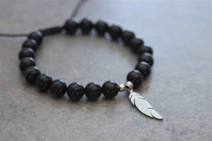 Bracelet perles onyx et plume acier inoxydable