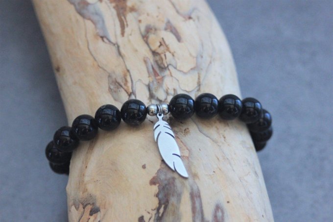 Bracelet perles onyx et plume acier inoxydable
