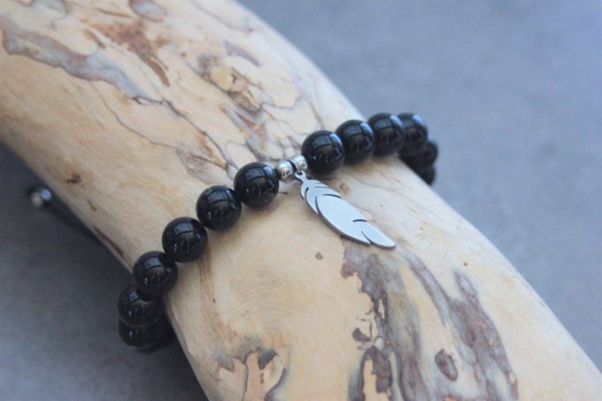 Bracelet perles onyx et plume acier inoxydable