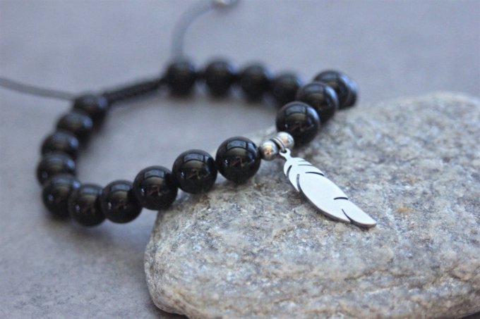Bracelet perles onyx et plume acier inoxydable