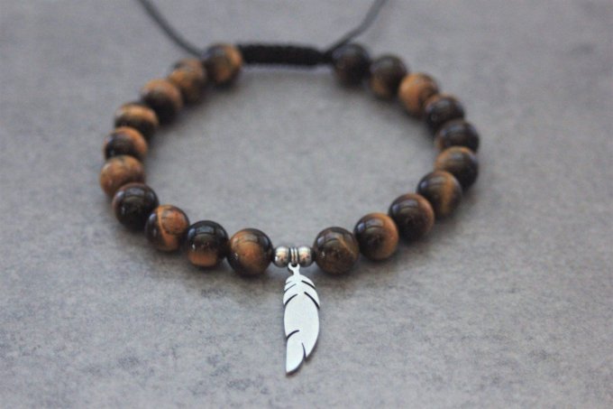 Bracelet perles oeil de tigre et plume acier inoxydable