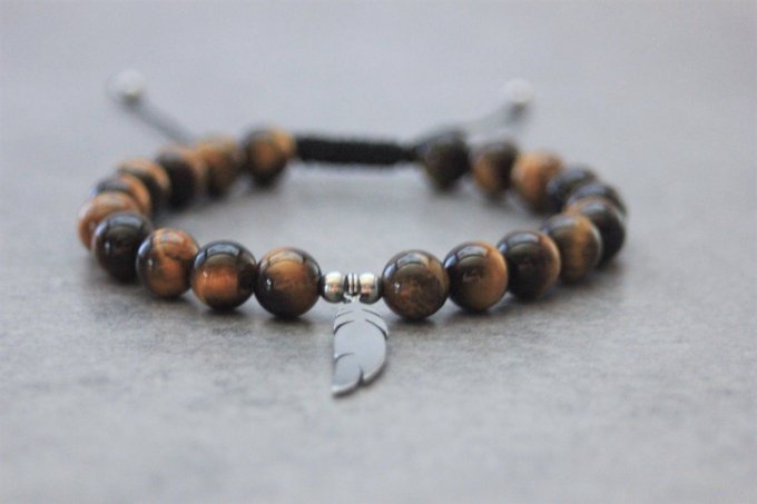 Bracelet perles oeil de tigre et plume acier inoxydable