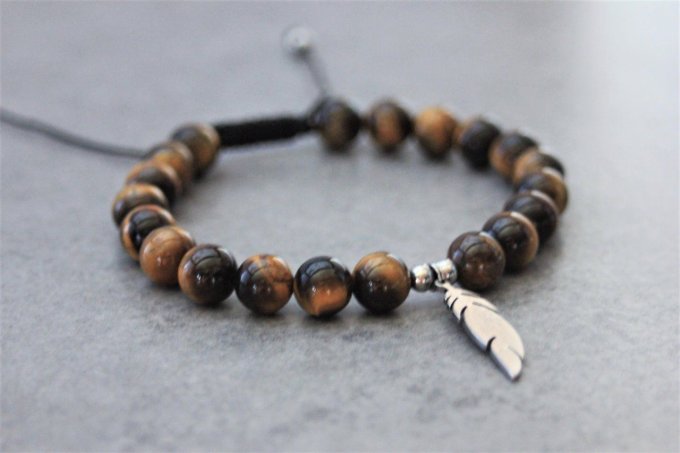 Bracelet perles oeil de tigre et plume acier inoxydable