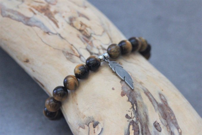 Bracelet perles oeil de tigre et plume acier inoxydable