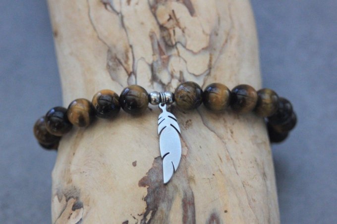 Bracelet perles oeil de tigre et plume acier inoxydable