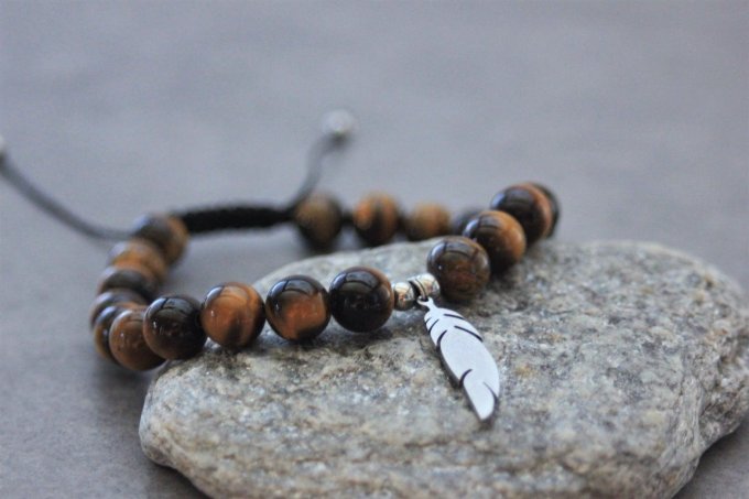 Bracelet perles oeil de tigre et plume acier inoxydable