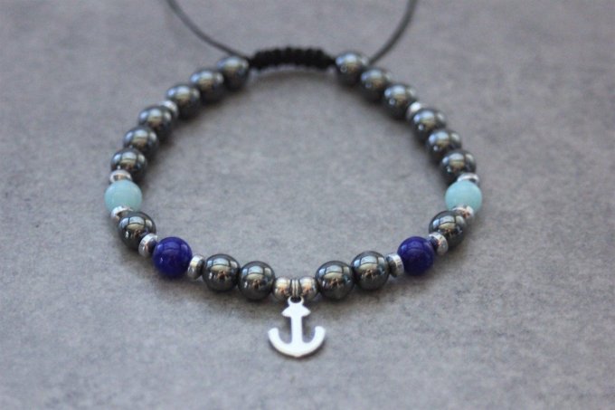 Bracelet perles hématite, amazonite, jade bleu cobalt et ancre marine acier