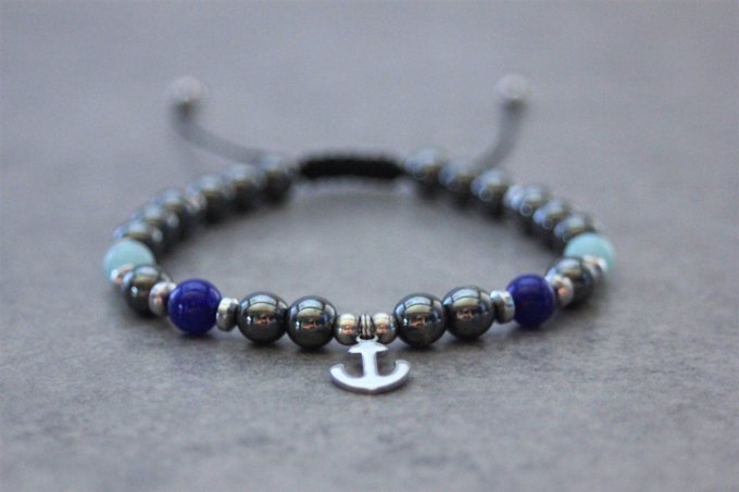 Bracelet perles hématite, amazonite, jade bleu cobalt et ancre marine acier