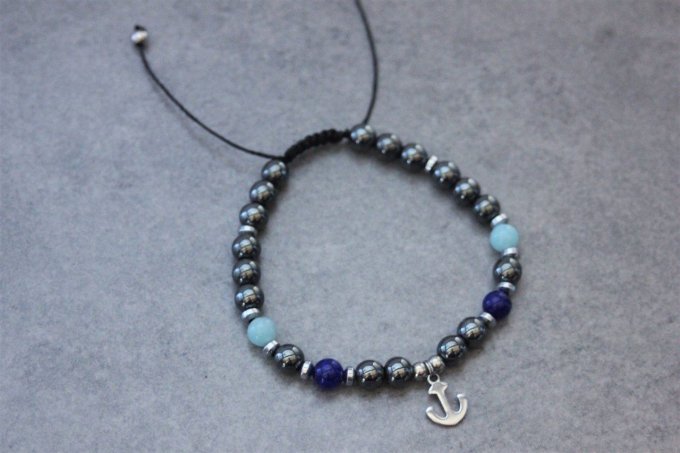 Bracelet perles hématite, amazonite, jade bleu cobalt et ancre marine acier