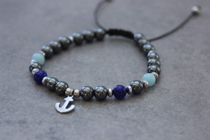 Bracelet perles hématite, amazonite, jade bleu cobalt et ancre marine acier