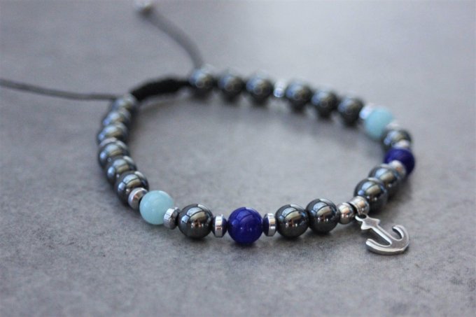Bracelet perles hématite, amazonite, jade bleu cobalt et ancre marine acier