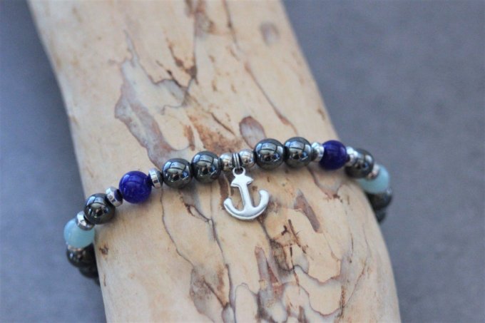 Bracelet perles hématite, amazonite, jade bleu cobalt et ancre marine acier