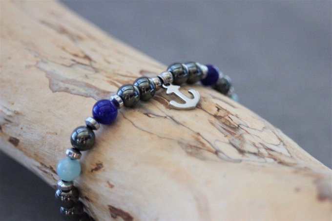 Bracelet perles hématite, amazonite, jade bleu cobalt et ancre marine acier