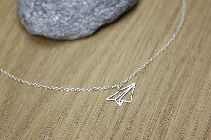Collier argent massif pendentif avion origami