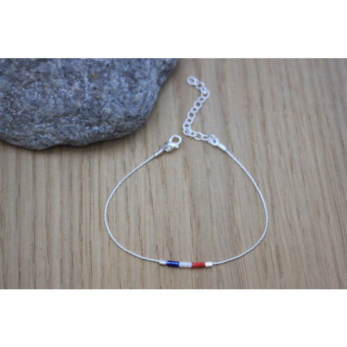 Bracelet argent massif et perles miyuki bleu blanc rouge