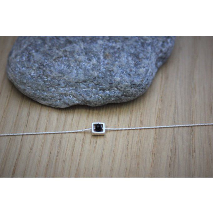 Bracelet argent massif pendentif carré avec cristal Swarovski noir