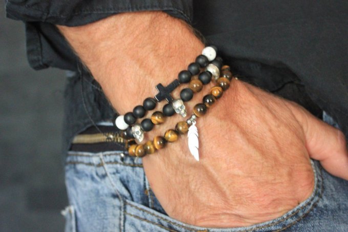 Bracelet perles oeil de tigre et plume acier inoxydable