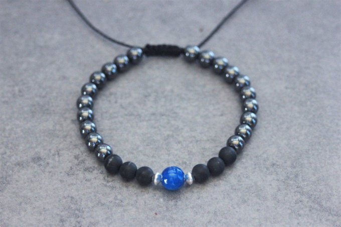 Bracelet perles onyx mat, hématite, agate bleu et argent 925