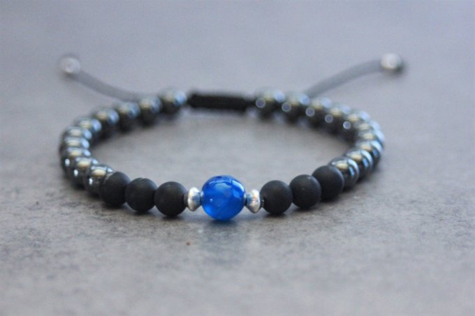 Bracelet perles onyx mat, hématite, agate bleu et argent 925