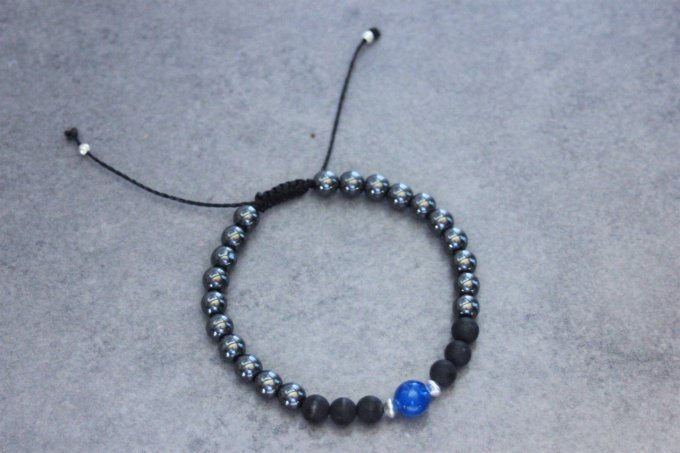 Bracelet perles onyx mat, hématite, agate bleu et argent 925