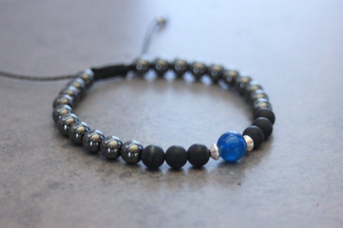 Bracelet perles onyx mat, hématite, agate bleu et argent 925
