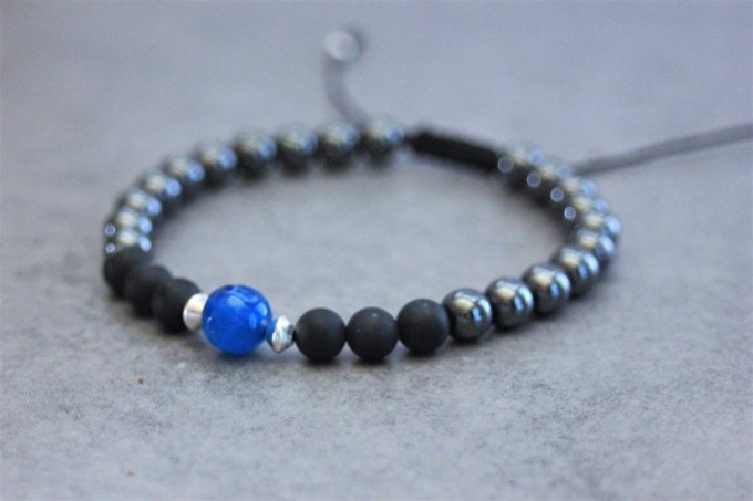 Bracelet perles onyx mat, hématite, agate bleu et argent 925