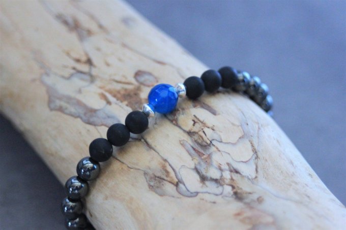 Bracelet perles onyx mat, hématite, agate bleu et argent 925
