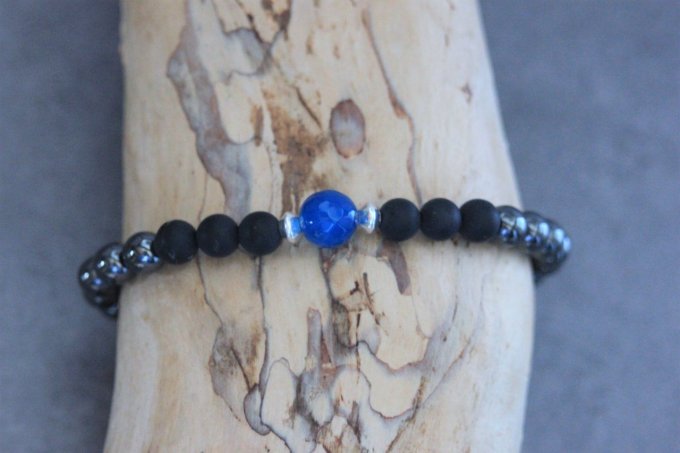 Bracelet perles onyx mat, hématite, agate bleu et argent 925